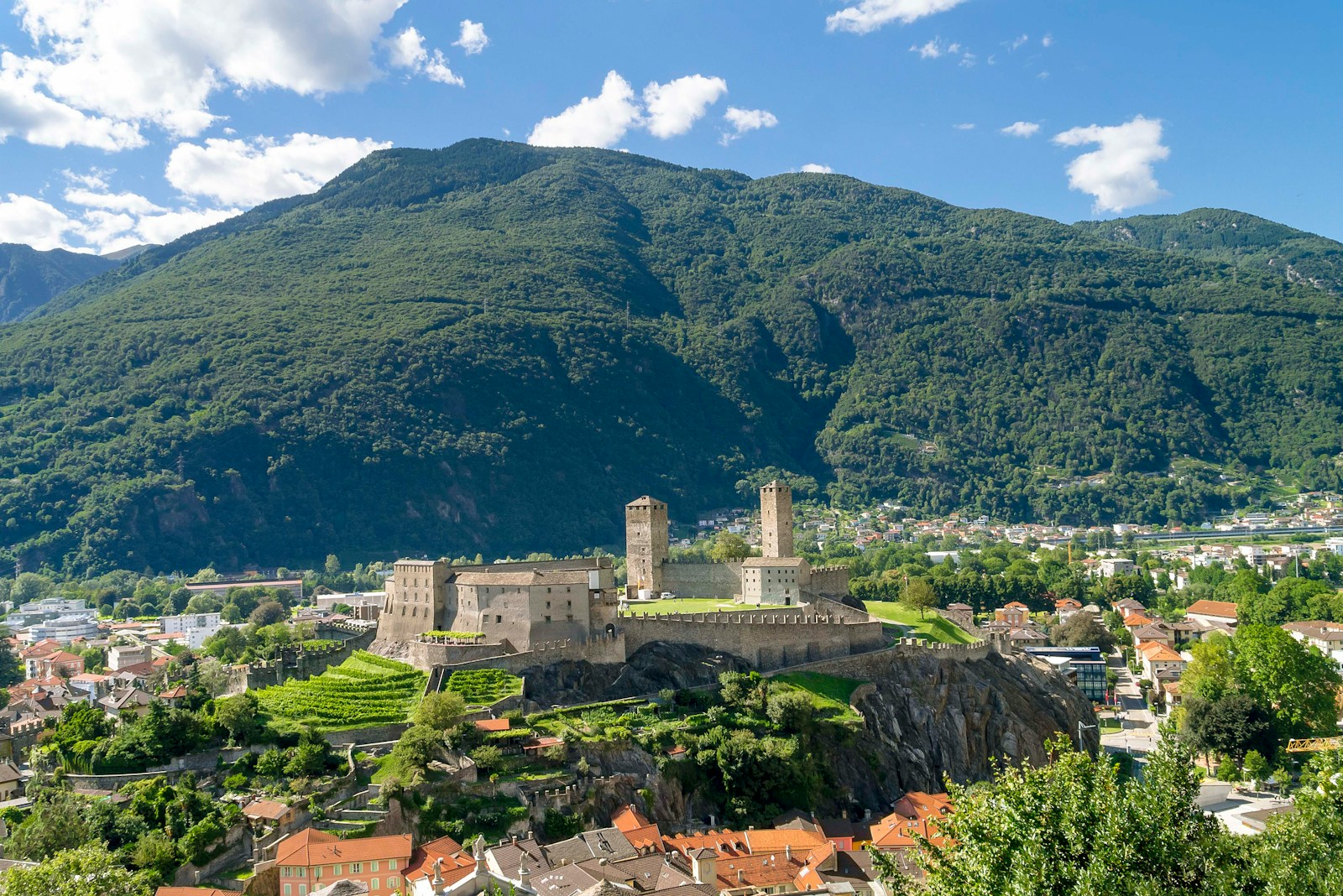 Castelgrande with its two stone towers above the old town of Bellinzona