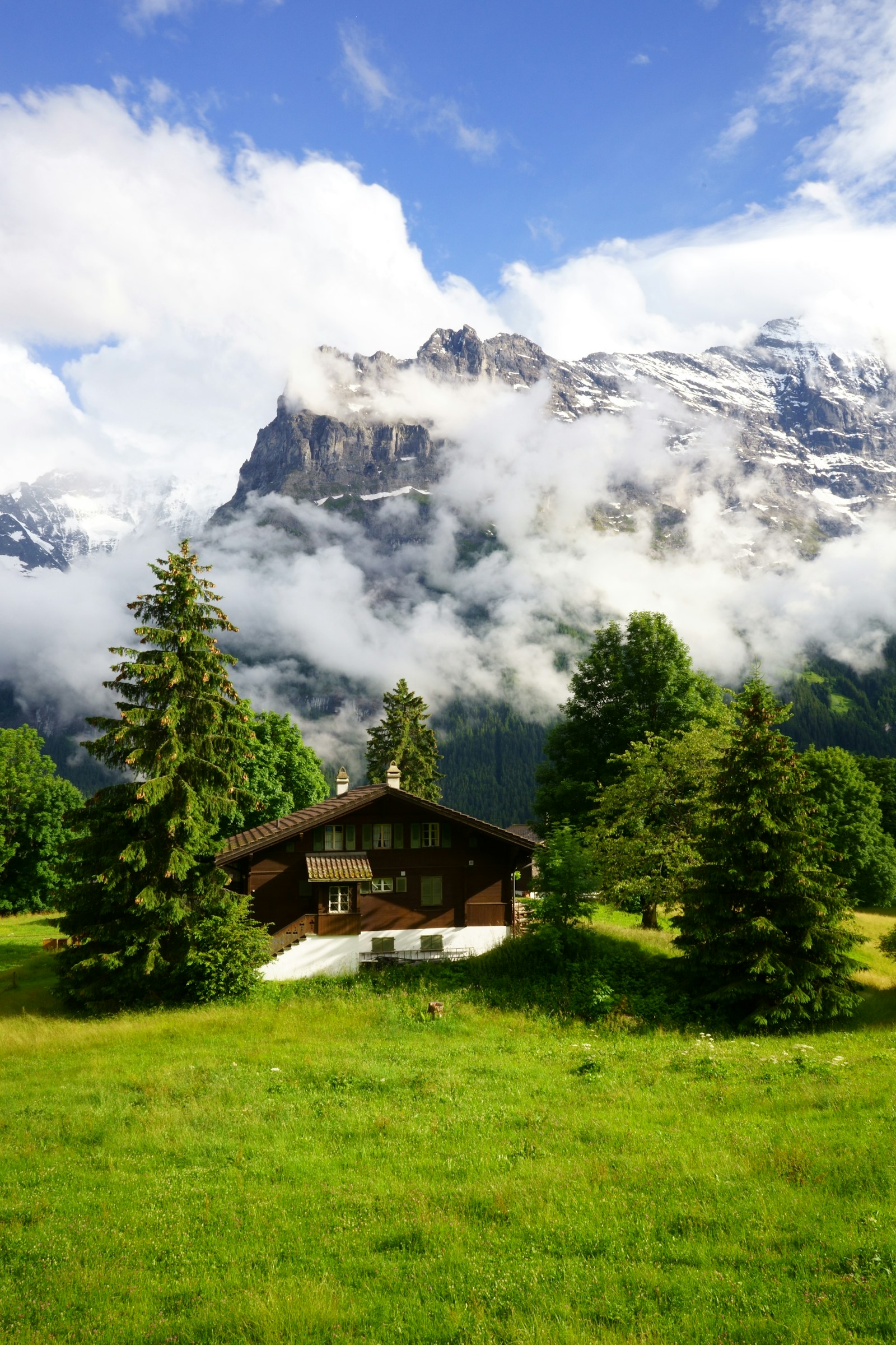 Wooden chalet in a green meadow with clouds around the Eiger