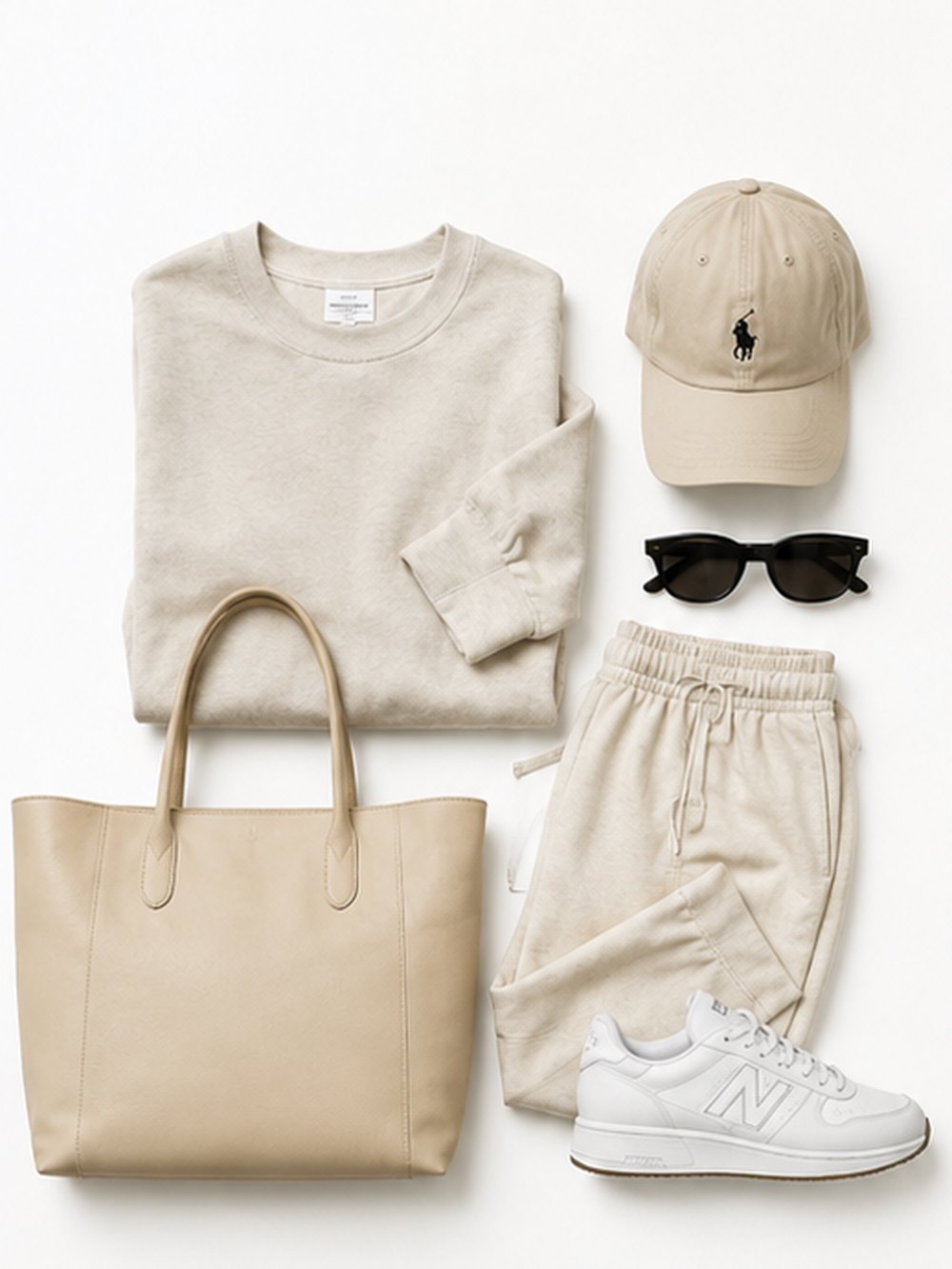 A cream sweatshirt, matching joggers, cap, sunglasses, tote bag and white sneakers laid out flat