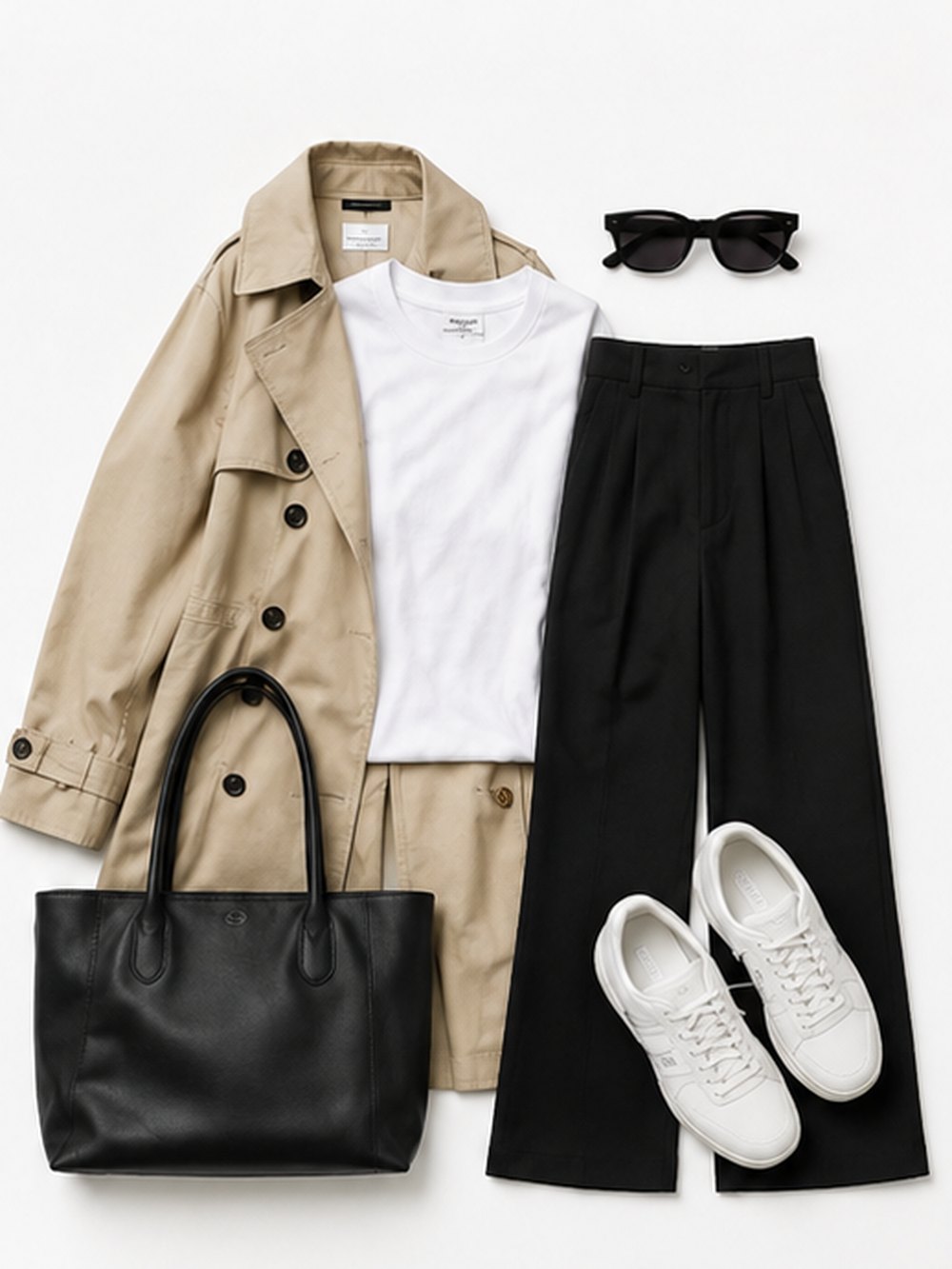 A beige trench coat, white tee, black wide-leg trousers, black tote and white sneakers laid out flat