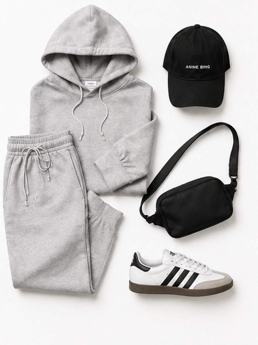 A grey hoodie, grey sweatpants, black cap, black belt bag and striped sneakers laid out flat
