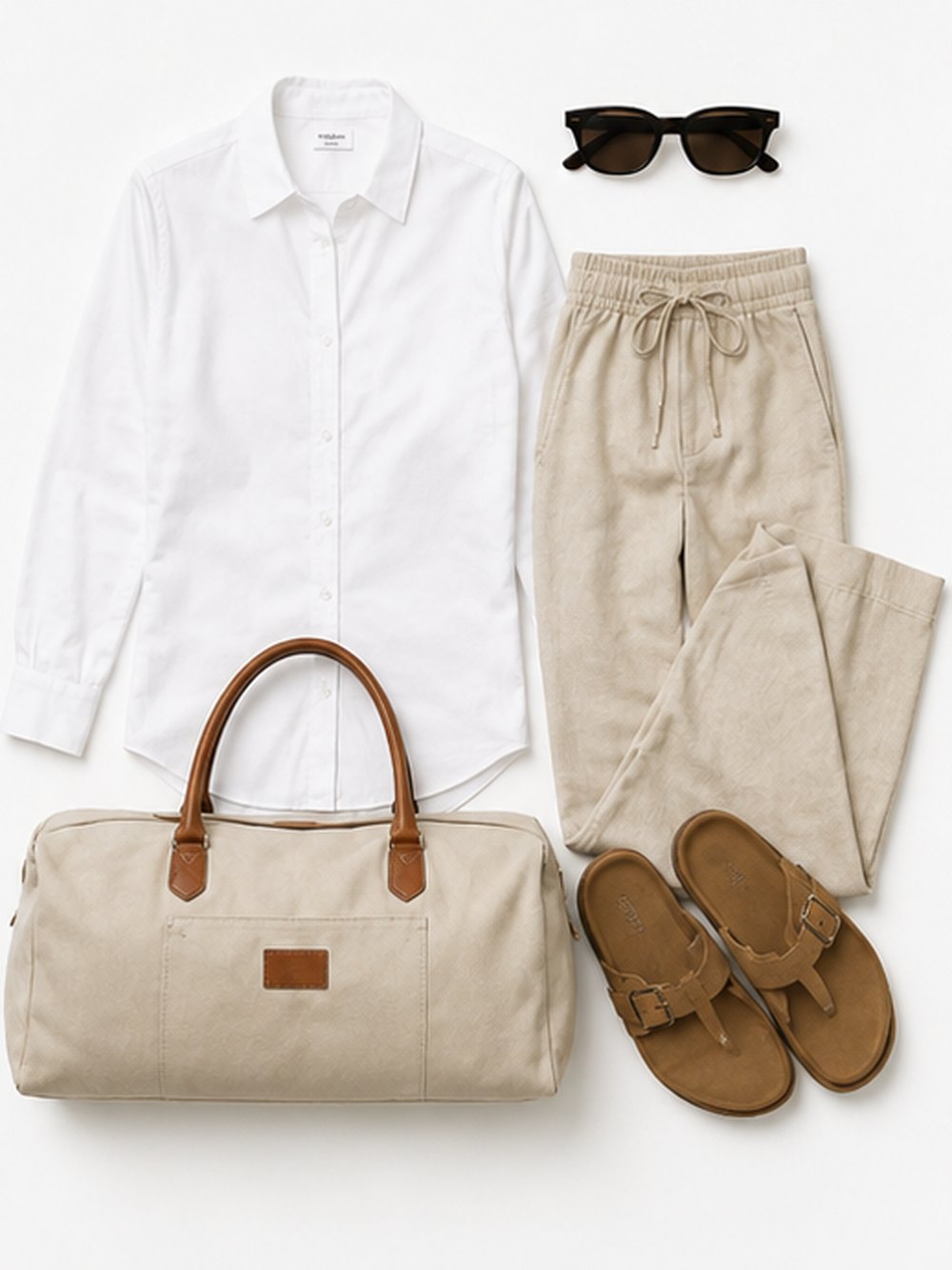 A white linen shirt, beige linen drawstring trousers, sunglasses, canvas duffel and brown clogs laid out flat