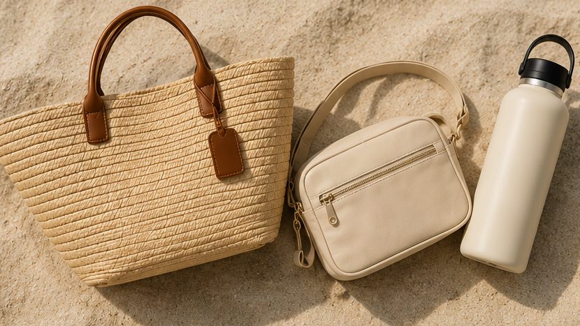 Straw tote bag and small crossbody bag by a doorway