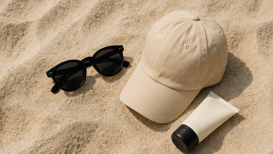 Straw hat and sunglasses on a sunlit table